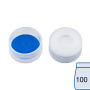 N 11 PE snap ring cap, transparent, center hole Silicone white/PTFE blue, cross-slit Hardness: 55° shore A Thickness: 1.0 mm pack of 100