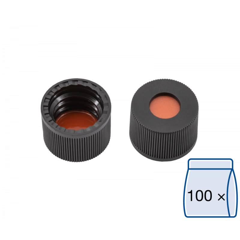 N 8 PP screw cap, black, center hole Red Rubber/FEP colorless Hardness: 45° shore A Thickness: 1.3 mm pack of 100
