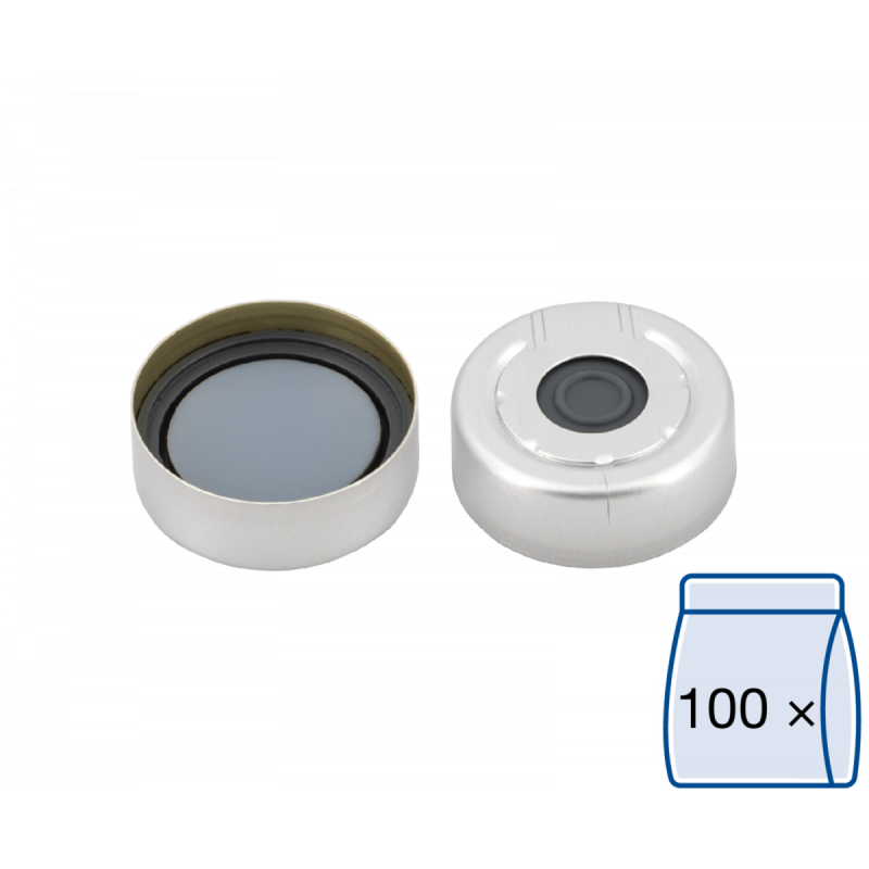 N 20 Aluminium pressure release safety cap, silver, center hole Butyl dark gray/centrical PTFE-lamination gray Hardness: 50° shore A Thickness: 3 mm pack of 100