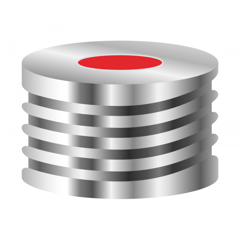 N 18 magnetic screw cap, silver, center hole Red Rubber/TEF colorless Hardness: 45° shore A Thickness: 1.5 mm pack of 100