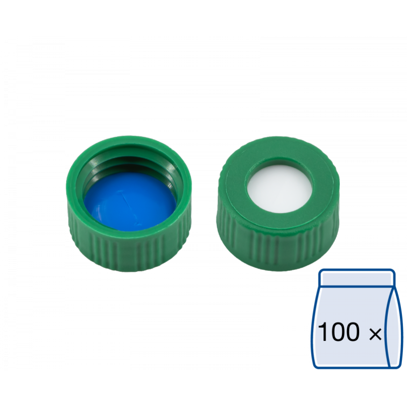 N 9 PP screw cap, green, center hole Silicone white/PTFE blue, slit Hardness: 55° shore A Thickness: 1.0 mm pack of 100