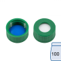 N 9 PP screw cap, green, center hole Silicone white/PTFE blue, slit Hardness: 55° shore A Thickness: 1.0 mm pack of 100