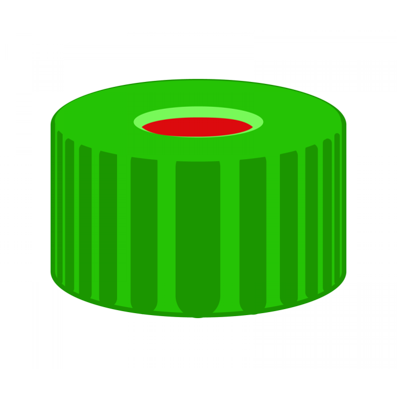 N 9 PP screw cap, green, center hole PTFE red/Silicone white/PTFE red Hardness: 50° shore A Thickness: 1.0 mm pack of 100