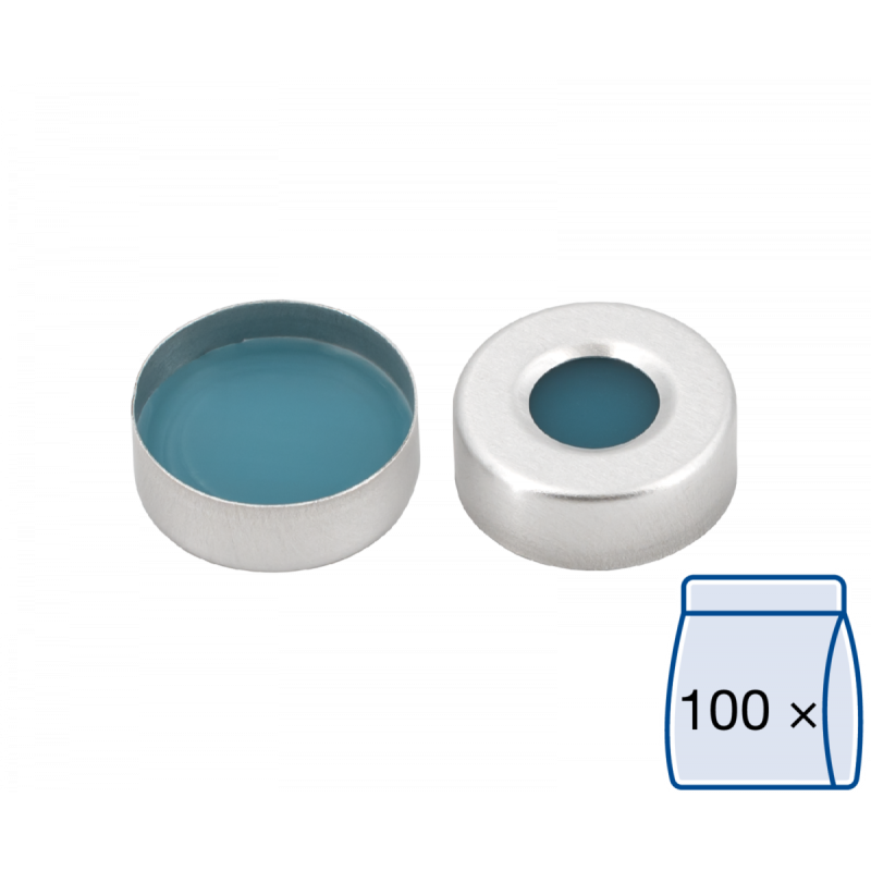 N 20 Aluminium crimp cap, silver, center hole Silicone blue transparent/PTFE colorless Hardness: 45° shore A Thickness: 3 mm pack of 100