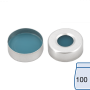 N 20 Aluminium crimp cap, silver, center hole Silicone blue transparent/PTFE colorless Hardness: 45° shore A Thickness: 3 mm pack of 100