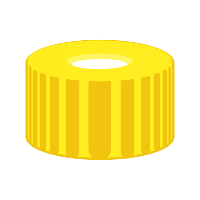 N 9 PP screw cap, yellow, center hole Silicone white/PTFE red Hardness: 45° shore A Thickness: 1.0 mm pack of 100