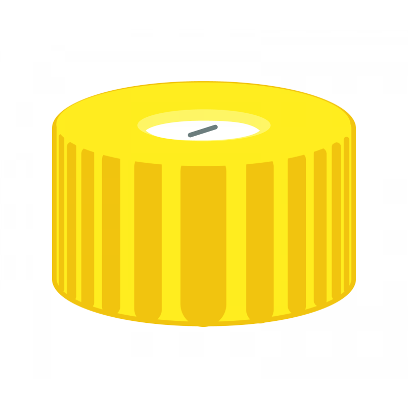 N 9 PP screw cap, yellow, center hole Silicone white/PTFE blue, slit Hardness: 55° shore A Thickness: 1.0 mm pack of 100