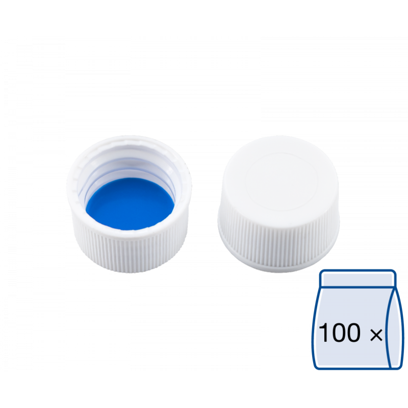 N 13 PP screw cap (bonded, 13-425), white, closed top Silicone white/PTFE blue Hardness: 55° shore A Thickness: 1.3 mm pack of 100