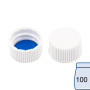 N 18 PP screw cap (bonded, 18-400), white, closed top Silicone white/PTFE blue Hardness: 55° shore A Thickness: 1.3 mm pack of 100