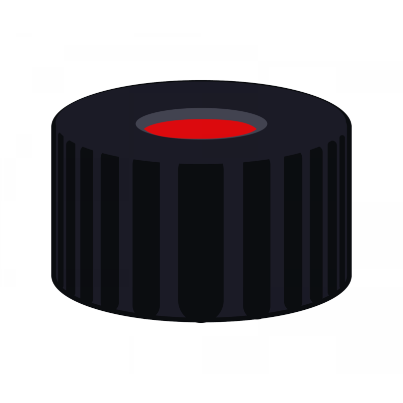 N 9 PP screw cap, black, center hole PTFE red/Silicone white/PTFE red Hardness: 50° shore A Thickness: 1.0 mm pack of 100