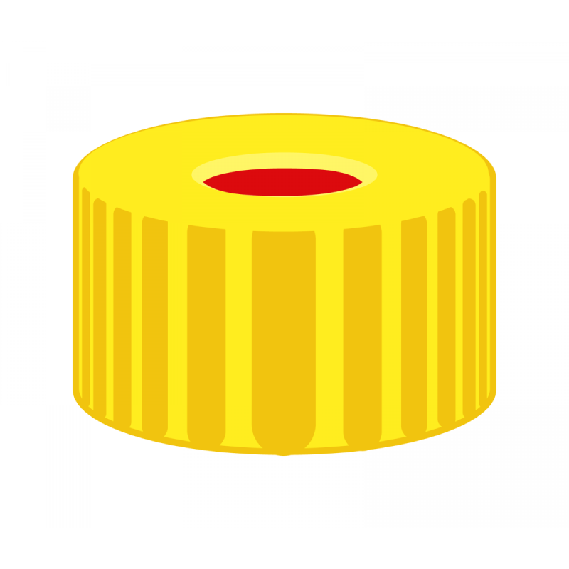 N 9 PP screw cap, yellow, center hole PTFE red/Silicone white/PTFE red Hardness: 50° shore A Thickness: 1.0 mm pack of 100