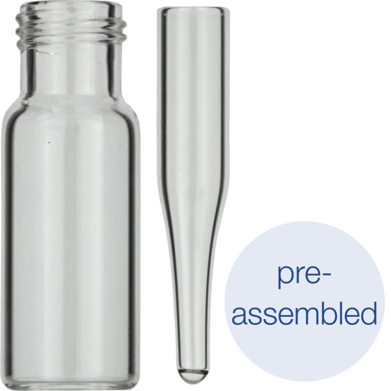 Pre-assembled vials 702282: 1.5 mL Screw Neck Vial N 9, with micro-insert 702813, Pack of 100
