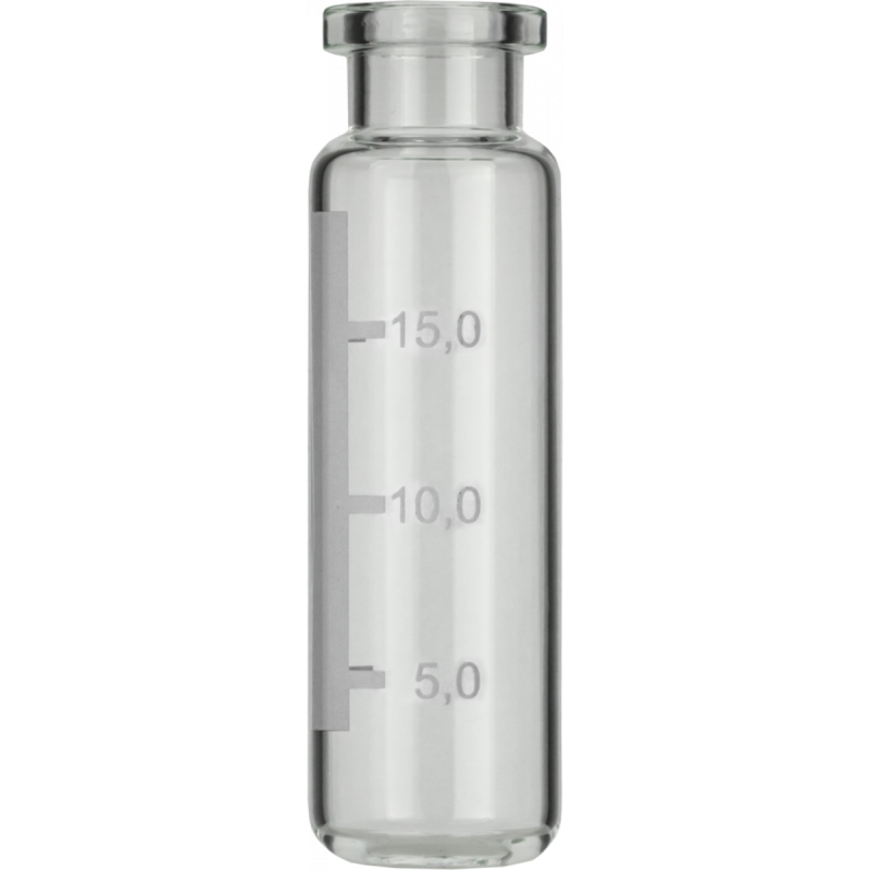 20 mL Headspace Crimp Neck Vial N 20 outer diameter: 22.5 mm, outer height: 75.5 mm clear, rounded bottom, flat DIN crimp neck, label pack of 100