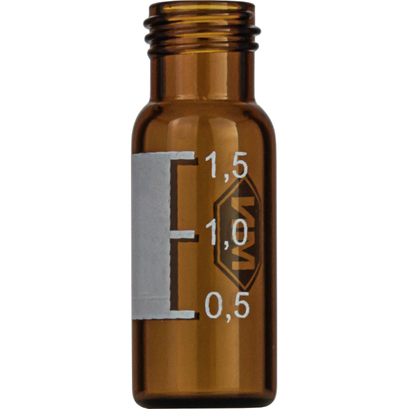 1.5 mL Screw Neck Vial N 9 outer diameter: 11.6 mm, outer height: 32 mm amber, flat bottom, wide opening, label + scale pack of 100