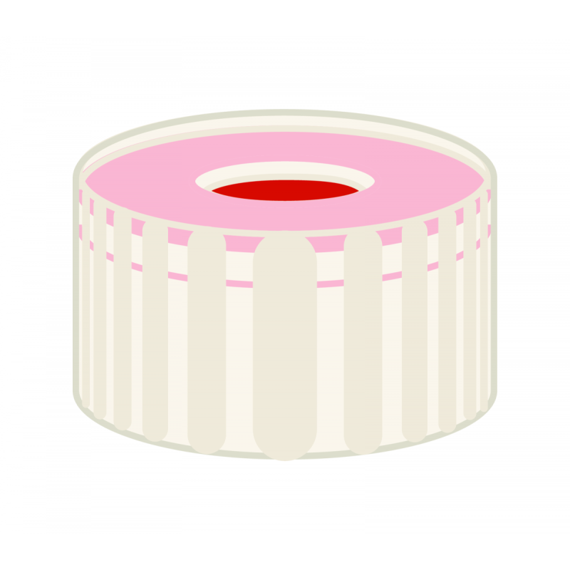 N 9 PP screw cap, transparent, center hole PTFE red/Silicone white/PTFE red Hardness: 50° shore A Thickness: 1.0 mm pack of 100