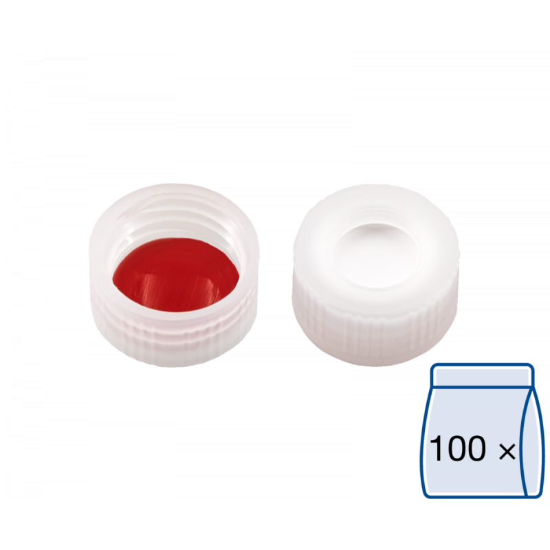 N 9 PP screw cap, transparent, center hole Silicone white/PTFE red Hardness: 45° shore A Thickness: 1.0 mm pack of 100