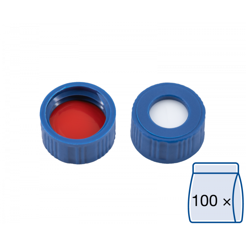 N 9 PP screw cap, blue, center hole Silicone white/PTFE red Hardness: 45° shore A Thickness: 1.0 mm pack of 100