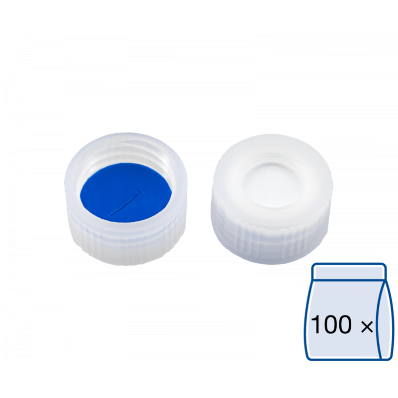 N 9 PP screw cap, transparent, center hole Silicone white/PTFE blue, slit Hardness: 55° shore A Thickness: 1.0 mm pack of 100