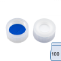 N 9 PP screw cap, transparent, center hole Silicone white/PTFE blue, slit Hardness: 55° shore A Thickness: 1.0 mm pack of 100