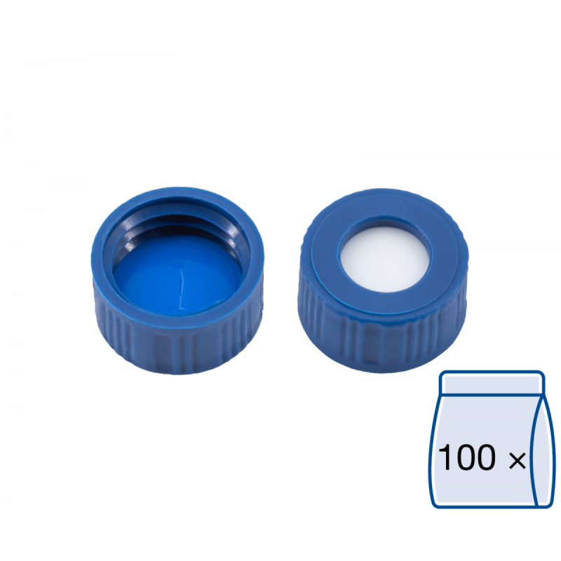 N 9 PP screw cap, blue, center hole Silicone white/PTFE blue, slit Hardness: 55° shore A Thickness: 1.0 mm pack of 100