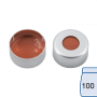 N 11 Aluminium crimp cap, silver, center hole Natural Rubber/Butyl red-orange/TEF colorless Hardness: 45° shore A Thickness: 1.3 mm pack of 100