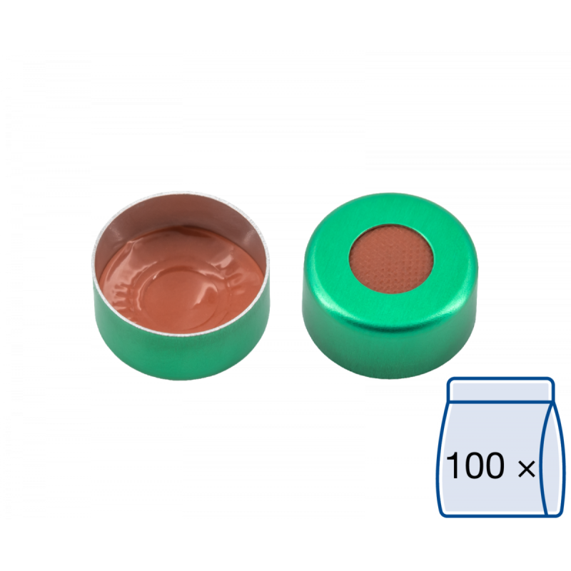 N 11 Aluminium crimp cap, green, center hole Natural Rubber/Butyl red-orange/TEF colorless Hardness: 45° shore A Thickness: 1.0 mm pack of 100