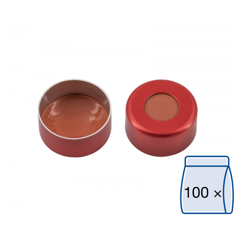 N 11 Aluminium crimp cap, red, center hole Natural Rubber/Butyl red-orange/TEF colorless Hardness: 45° shore A Thickness: 1.0 mm pack of 100