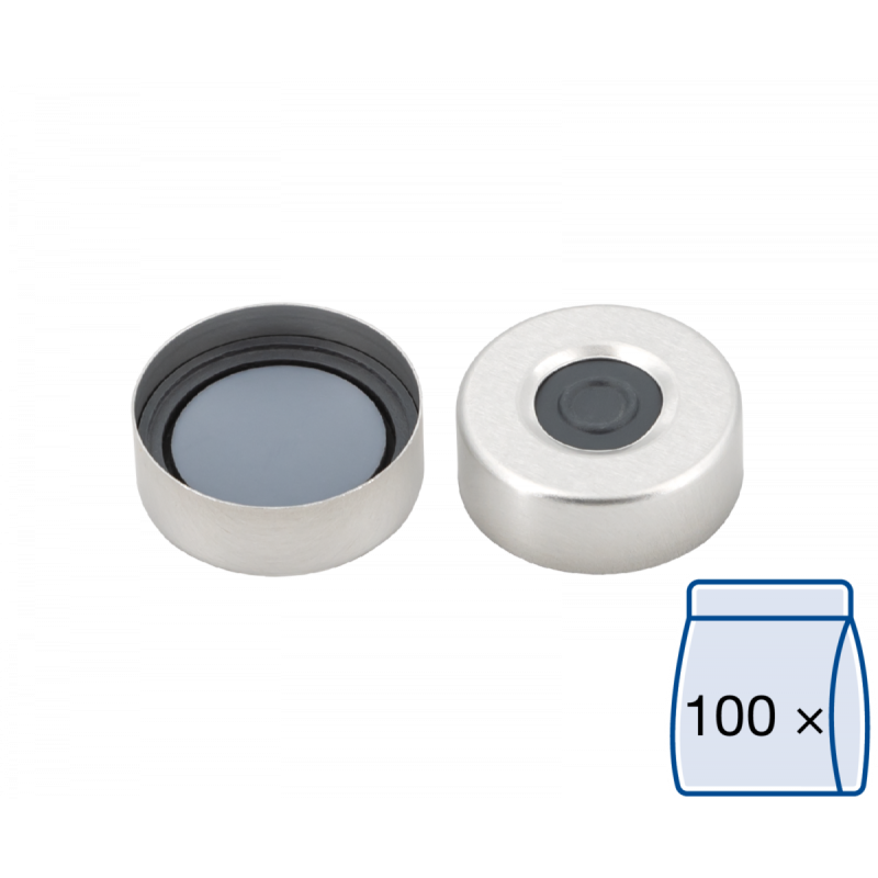 N 20 Aluminium crimp cap, silver, center hole Butyl dark gray/centrical PTFE-lamination gray high purity Hardness: 50° shore A Thickness: 3 mm pack of 100