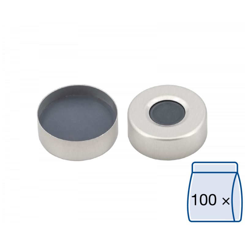 N 20 Aluminium crimp cap, silver, center hole Moulded Septa Butyl/PTFE gray Hardness: 50° shore A Thickness: 3 mm pack of 100