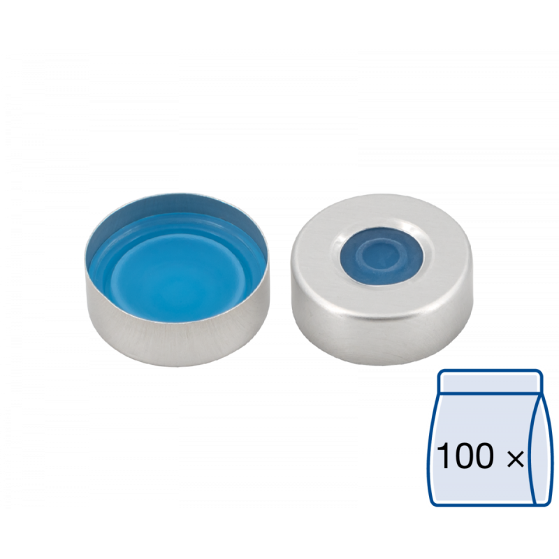 N 20 Aluminium crimp cap, silver, center hole Silicone blue transparent/centrical PTFE-lamination colorless Hardness: 45° shore A Thickness: 3 mm pack of 100