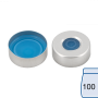 N 20 Aluminium crimp cap, silver, center hole Silicone blue transparent/centrical PTFE-lamination colorless Hardness: 45° shore A Thickness: 3 mm pack of 100