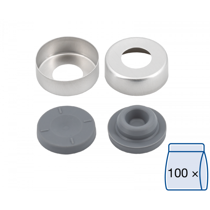 N 20 Aluminium crimp cap, silver, center hole Bromobutyl stopper, gray Hardness: 50° shore A (unassembled) pack of 100