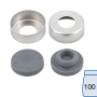 N 20 Aluminium crimp cap, silver, center hole Bromobutyl stopper, gray Hardness: 50° shore A (unassembled) pack of 100