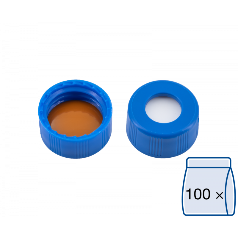 N 9 PP screw cap, blue, center hole Silicone white/Polyimide orange Hardness: 45° shore A Thickness: 1.0 mm pack of 100
