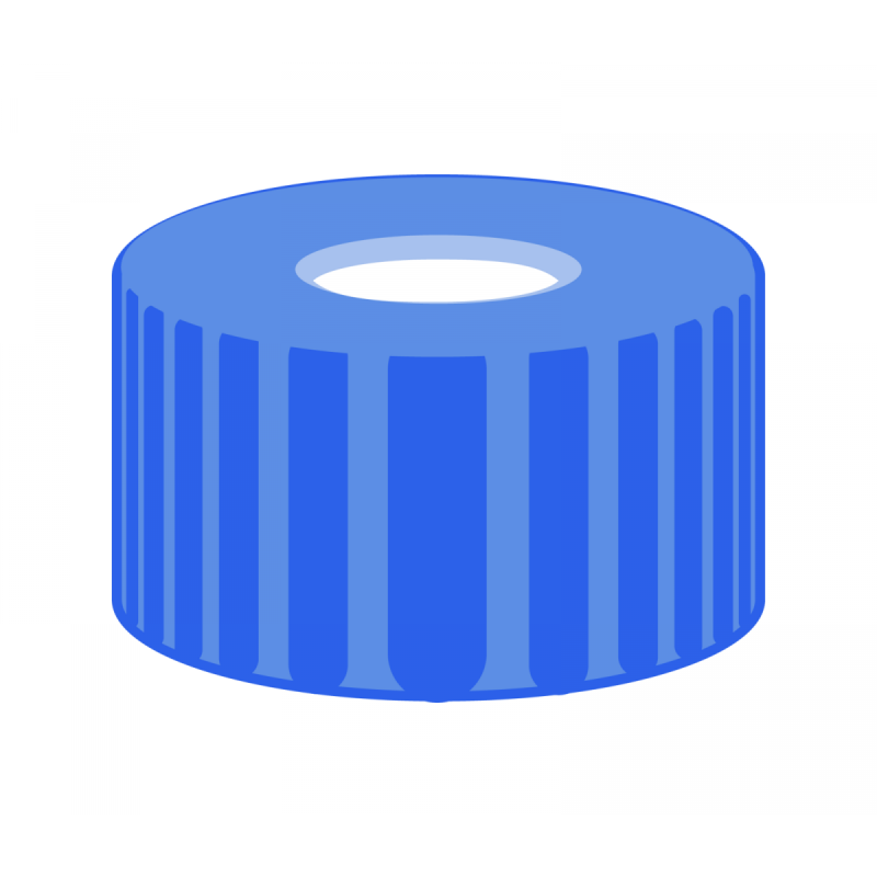 N 9 PP screw cap, blue, center hole Silicone white/Polypropylene colorless Hardness: 45° shore A Thickness: 1.0 mm pack of 100
