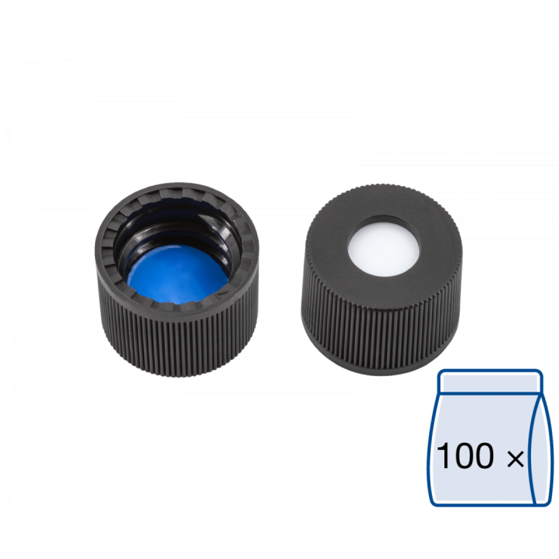 N 8 PP screw cap, black, center hole Silicone white/PTFE blue, slit Hardness: 55° shore A Thickness: 1.0 mm pack of 100