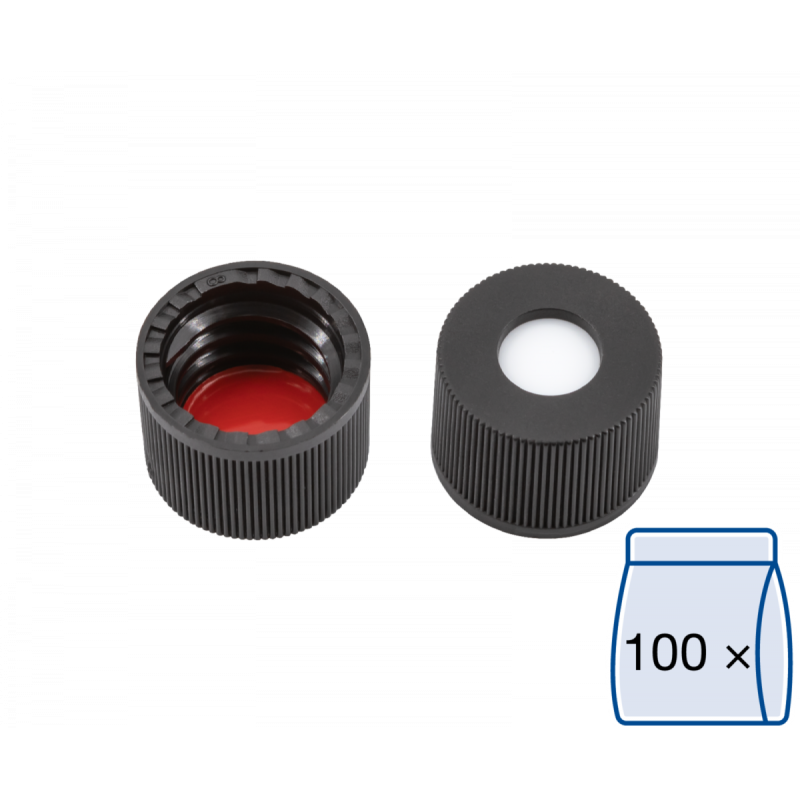 N 8 PP screw cap, black, center hole Silicone white/PTFE red Hardness: 45° shore A Thickness: 1.3 mm pack of 100