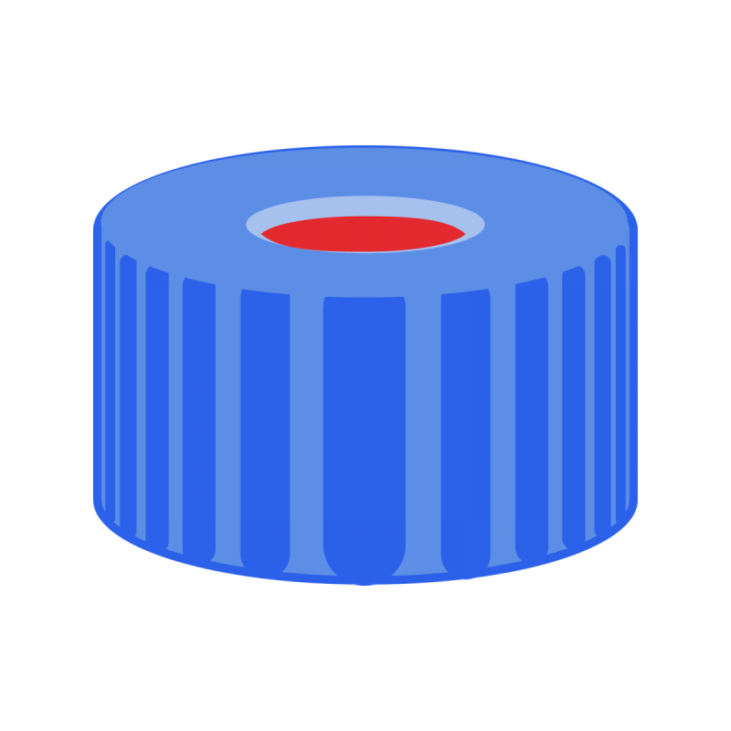 N 9 PP screw cap, blue, center hole, Natural Rubber red-orange/ETFE colorless Hardness: 45° shore A Thickness: 1.0 mm pack of 100