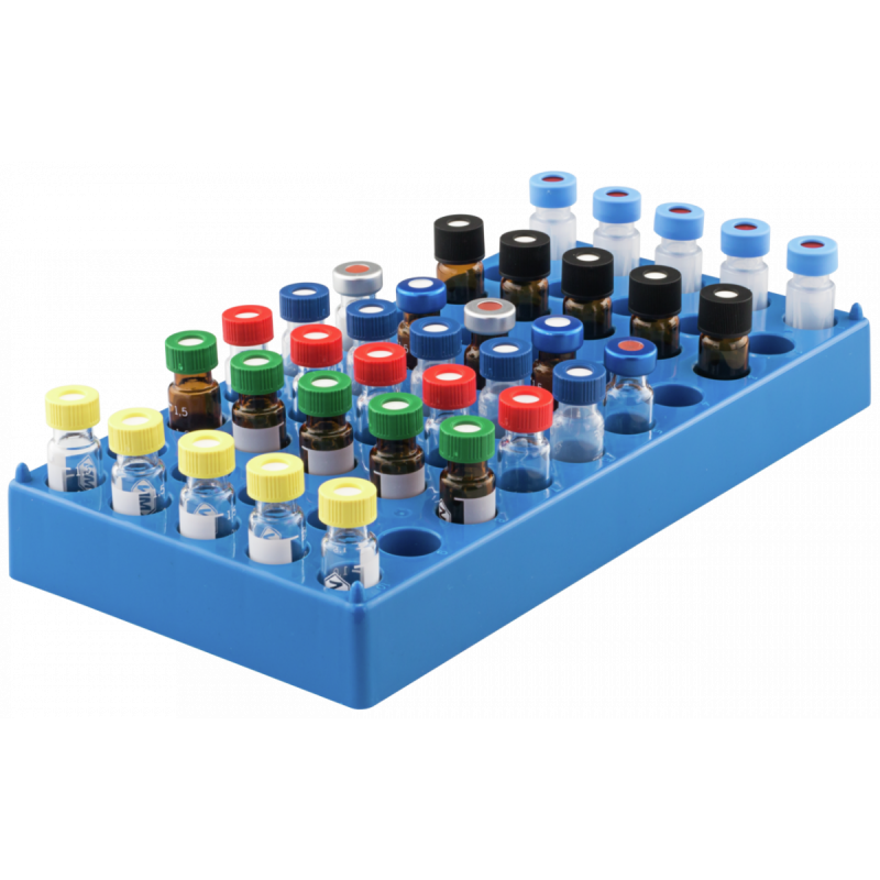 50 position polypropylene vial rack blue for all vials 11.6 x 32 mm with flat bottom Dimensions: 190 x 100 x 22 mm stackable pack of 1