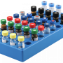 50 position polypropylene vial rack blue for all vials 11.6 x 32 mm with flat bottom Dimensions: 190 x 100 x 22 mm stackable pack of 1