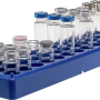 36 position polypropylene vial rack blue, coded for all vials with a diameter of 23.1 mm max. and flat bottom Dimensions: 323 x 91 x 30 mm stackable pack of 5