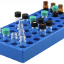 50 position polypropylene vial rack blue for all vials with a diameter of 15 mm max. and flat bottom Dimensions: 240 x 120 x 28 mm stackable pack of 1