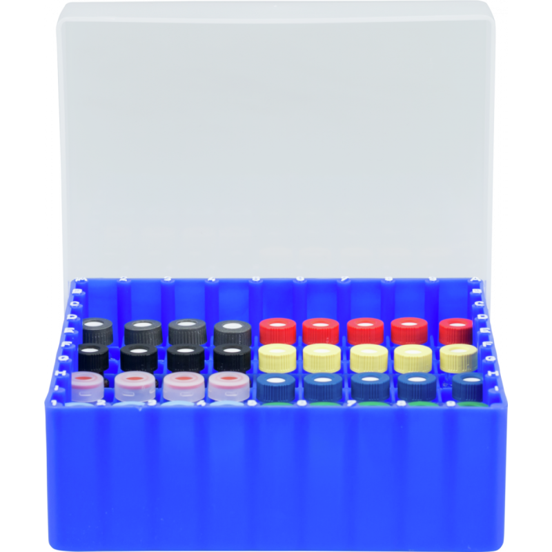 81 Position Container, blue, firmly integrated divider for screw neck vials N 8, N 9, N 10 and crimp/snap ring vials N 11, with transparent coded lid, 130 × 130 × 45 mm, suitable for freezers, pack of 1