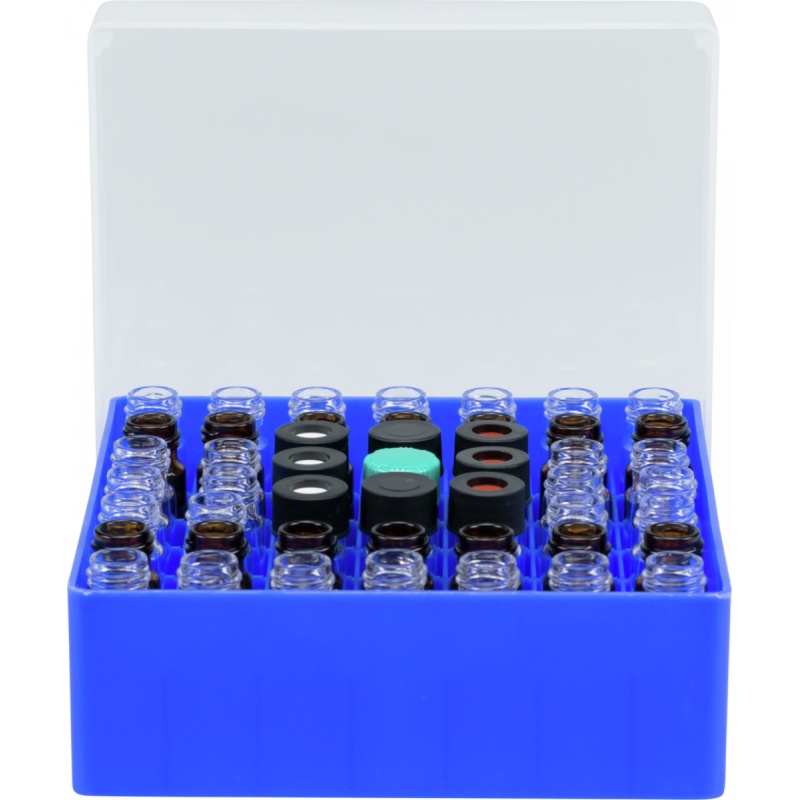 49 Position Container, blue, firmly integrated divider for screw neck vials N 13, with transparent lid, 130 × 130 × 50 mm, suitable for freezers, pack of 1