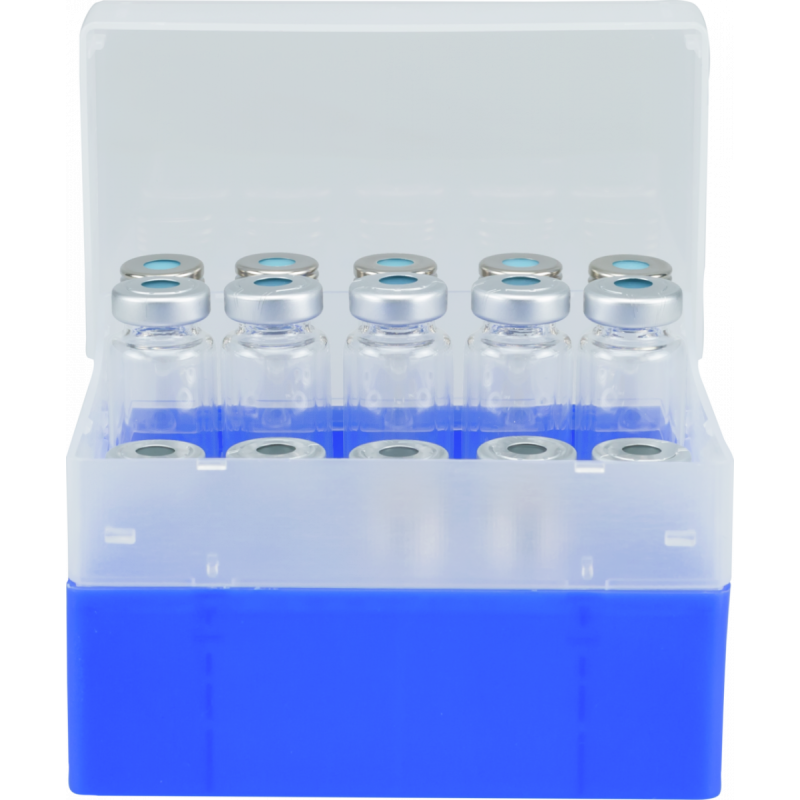 25 Position Container, blue, removable divider for screw neck vials N 18 and crimp neck vials N 20, with transparent lid, 130 × 130 × 80 mm, suitable for freezers, pack of 1