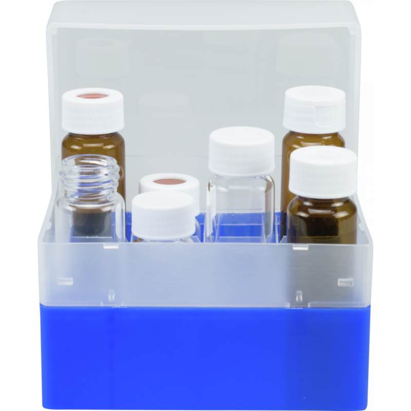 16 Position Container, blue, removable divider for screw neck vials N 24 (20 mL, 30 mL, 40 mL), with transparent lid, 130 × 130 × 102 mm, suitable for freezers, pack of 1