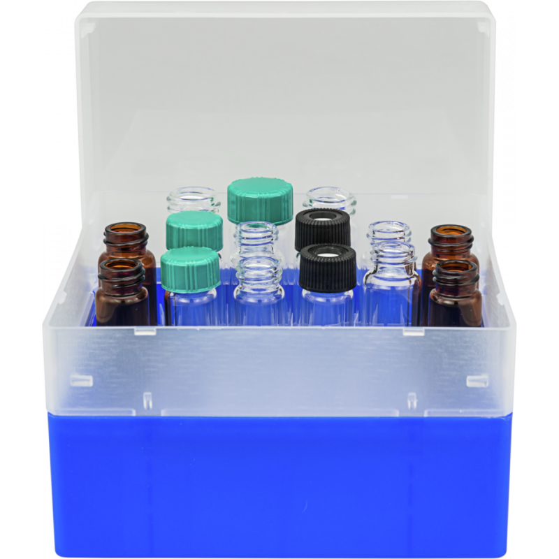 36 Position Container, blue, removable divider for screw neck vials N 15 (sample storage: 702096, 702311, 70285, 702097), with transparent lid, 130 × 130 × 80 mm, suitable for freezers, pack of 1
