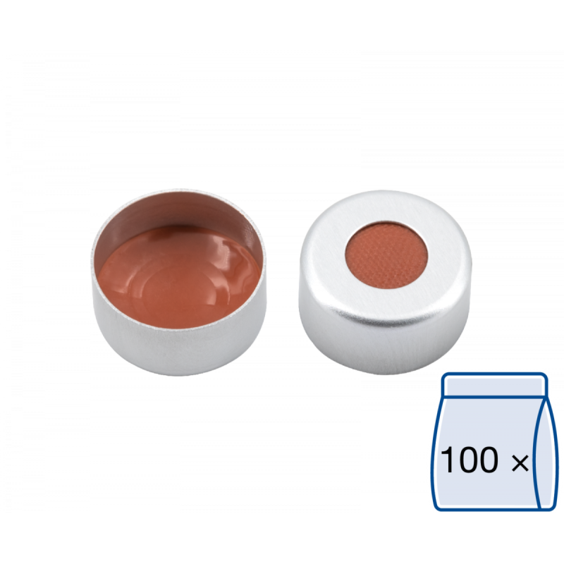 N 11 Aluminium Crimp Cap, silver, center hole, Natural Rubber/Butyl red-orange/TEF colorless, Hardness: 45° shore A, Thickness: 1.0 mm, pack of 100