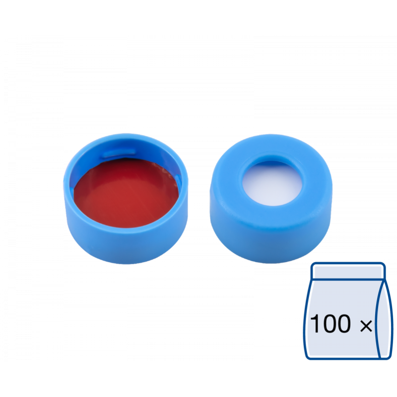 N 11 PE snap ring cap, soft, light blue, center hole Silicone white/PTFE red Hardness: 45° shore A Thickness: 1.0 mm pack of 100