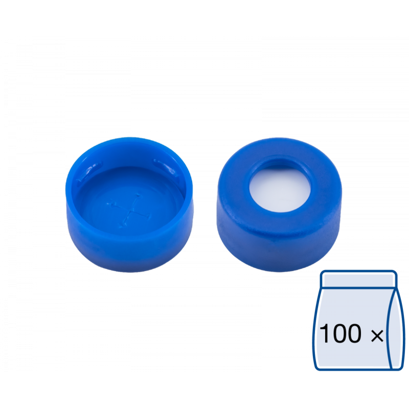 N 11 PE snap ring cap, blue, center hole Silicone white/PTFE blue, cross-slit Hardness: 55° shore A Thickness: 1.0 mm pack of 100